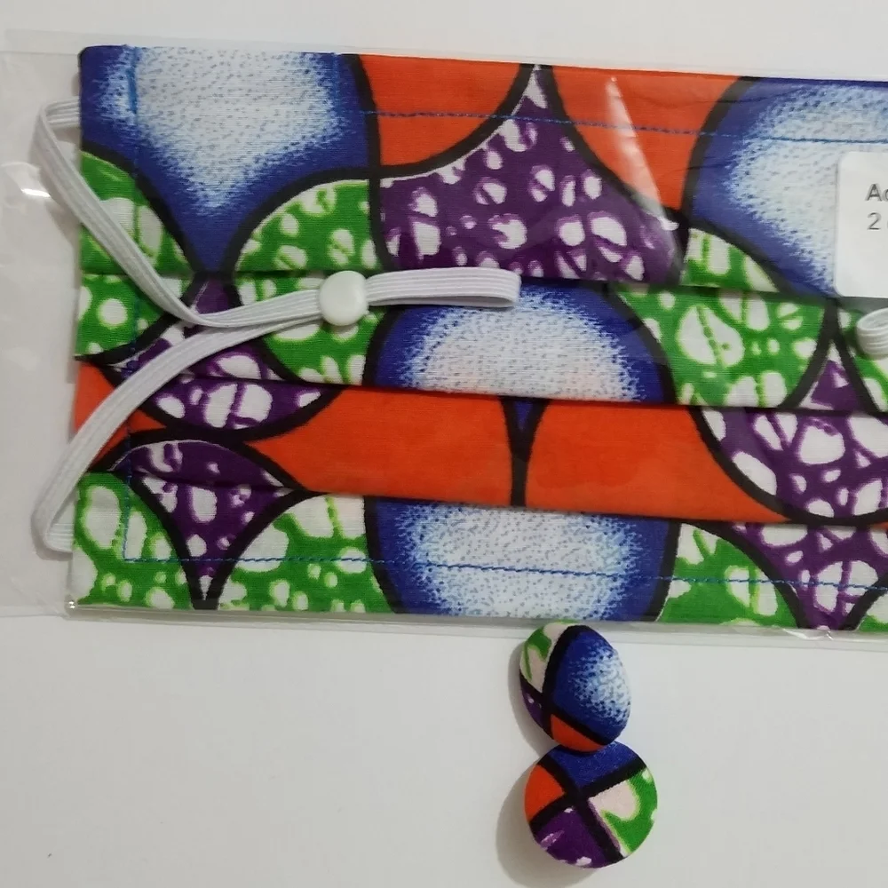 Hand Crafted Face Mask and Earrings African Wax Fabric Orange Purple Adult